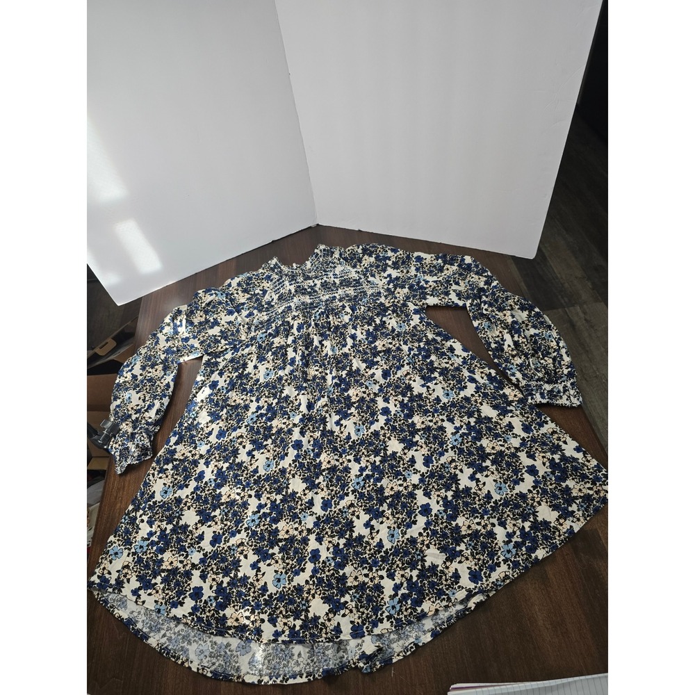 Free People Floral Smocked Mini Dress Blue Rayon Long Sleeve Small OB873378